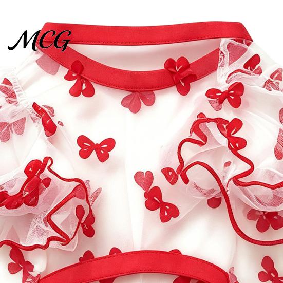 Bow Pattern Pet Dress Sheer Mesh Dog Dress, Ruffled Cute Bowknot Loose Puff Sleeve Sleeve, Breathable Summer Outfit for Small Dogs