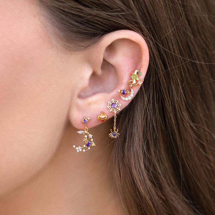 Halloween Stud Earrings: Demon, Spider, Magic Broom, Witch, Bat, Peach Heart, Love Zircon Ornaments, Colorfast