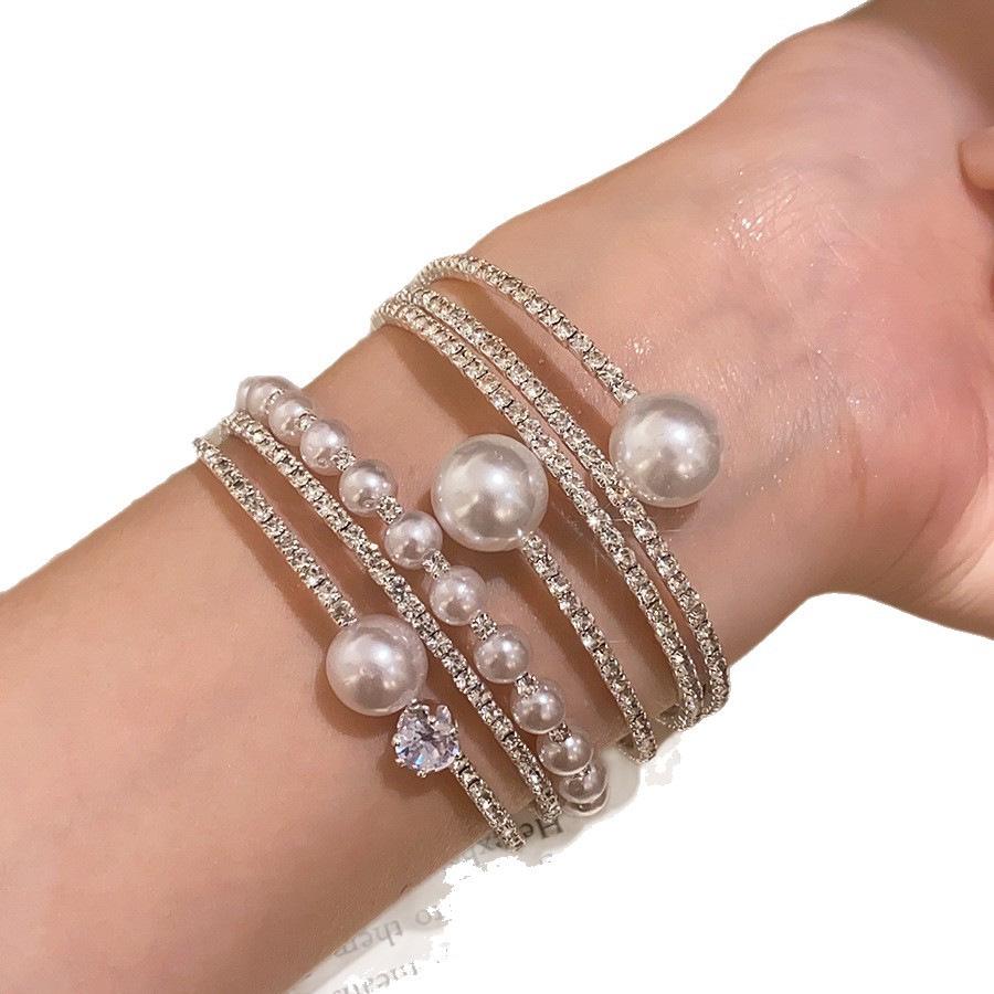 Silver Pearl Rhinestone Layered Open Bangle: Elegant French Retro-Style Bracelet