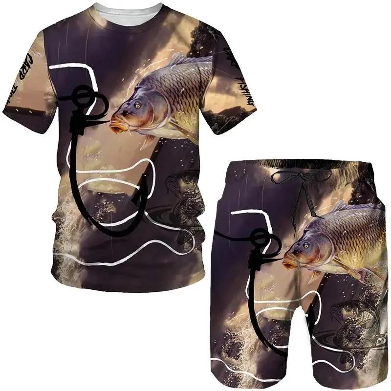 Men's Outdoor Fishing Hunting 3D Print T-shirt Shorts 2-piece Set O-neck Retro Fashion Sports Short Sleeve Pullover High-quality