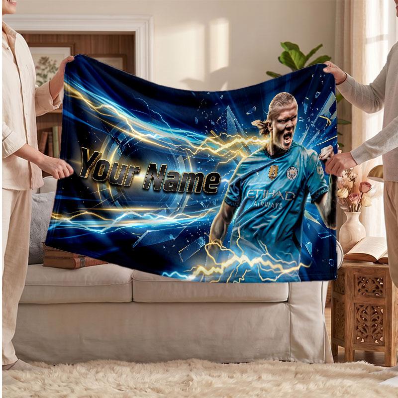 Erling Haaland Personalized Fleece Blanket With Football Logo, Custom Name Text Soft Warm Home Throw Blanket