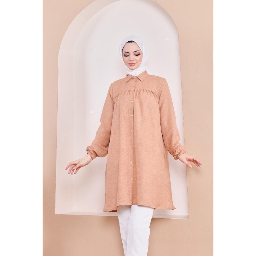 Women's Imported Linen Tunic Shirt With Gathered Front And Elastic Sleeves
