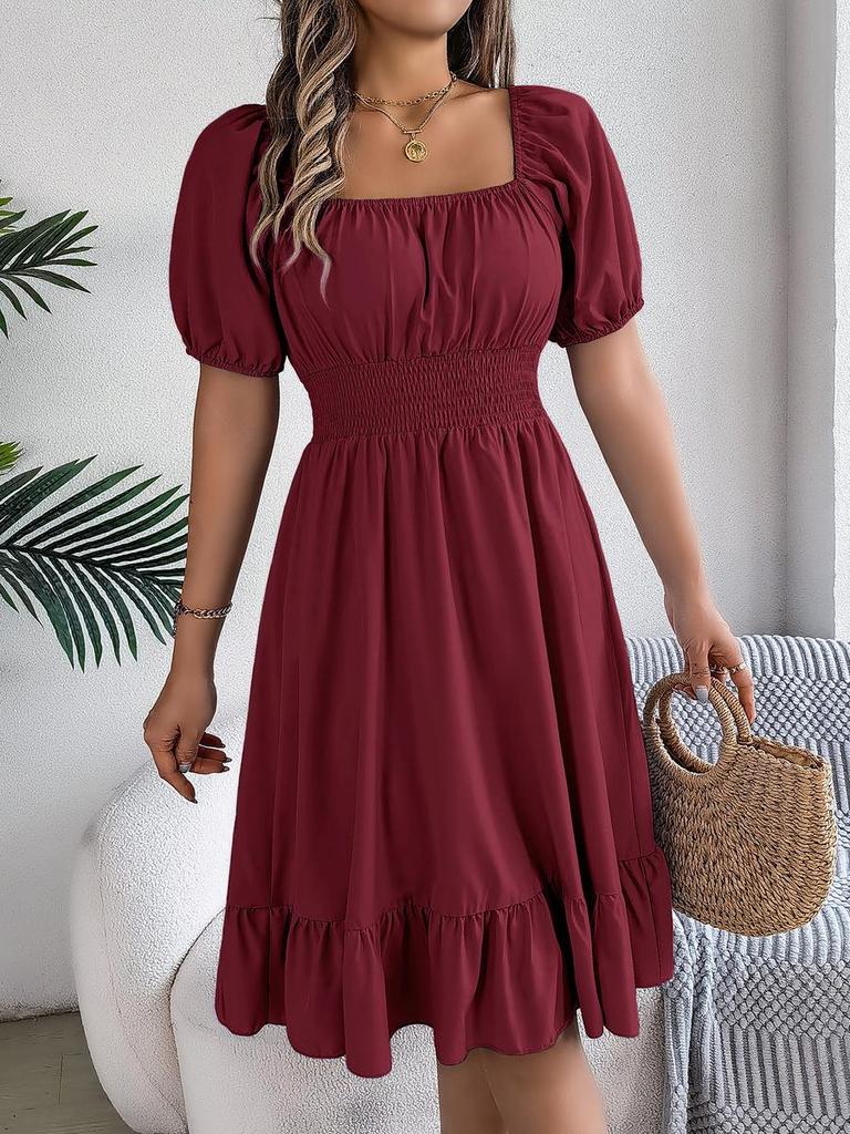 Spring Summer Casual Short Sleeve Ruched High Waist A-Line Skirt for Women