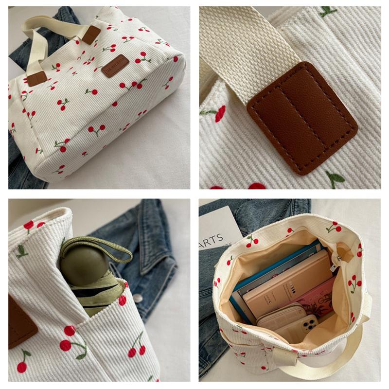 Corduroy Tote Bag Cute Cherry Patched Purse for Women Fabric Large Capacity Tote Purse Shoulder Bag Casual Underarm Bags CLE