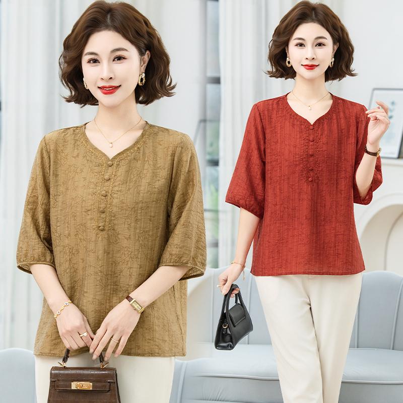 Middle Aged And Elderly Women's Casual Breathable Round Neck Short Sleeved Chinese Style T-shirt Western Style Top For Women