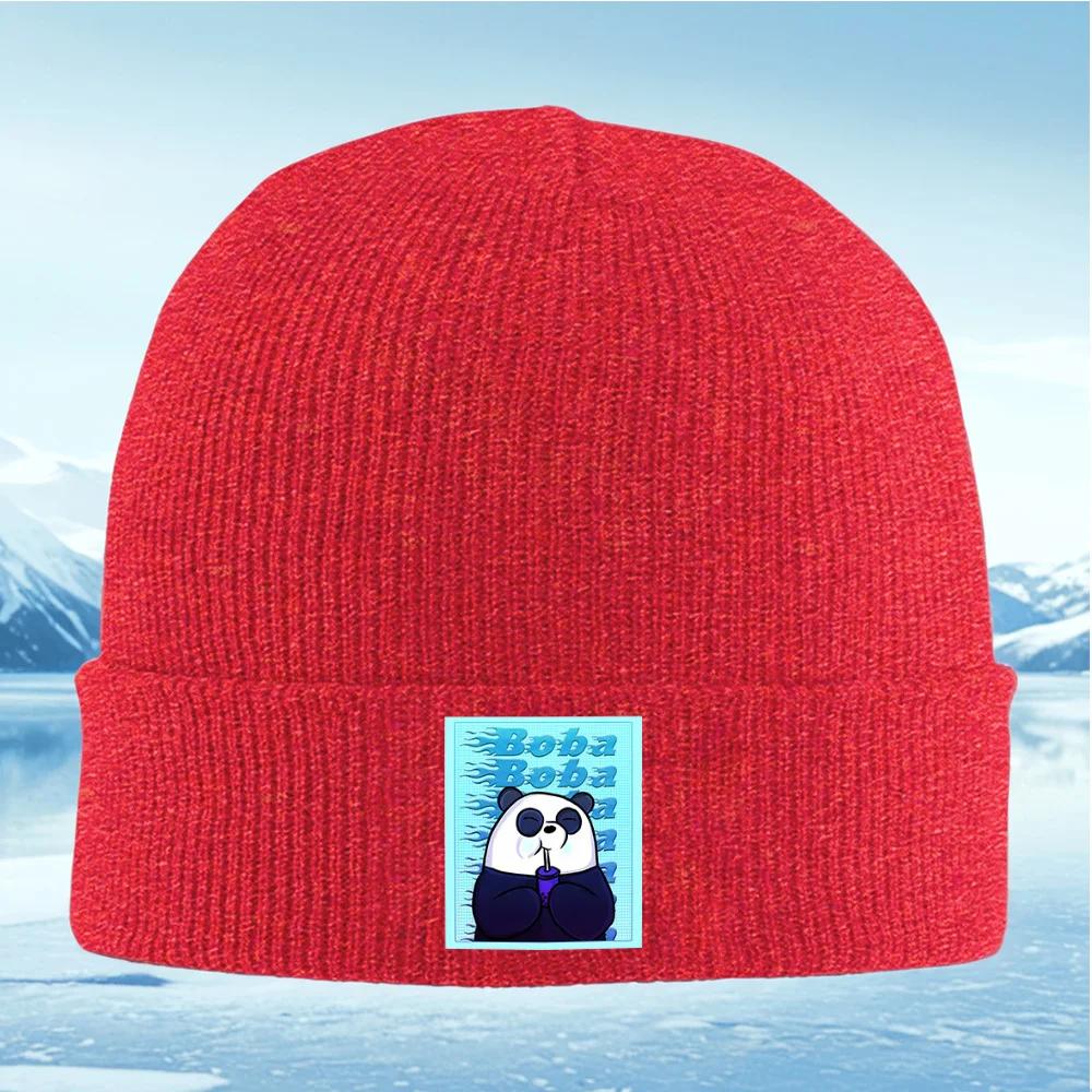 Happy panda boba tea drink Unisex Women Unisex Knitted Hat Beanie Pullover Cap Winter Thermal Warm Christmas Outdoor Cycling Hiking