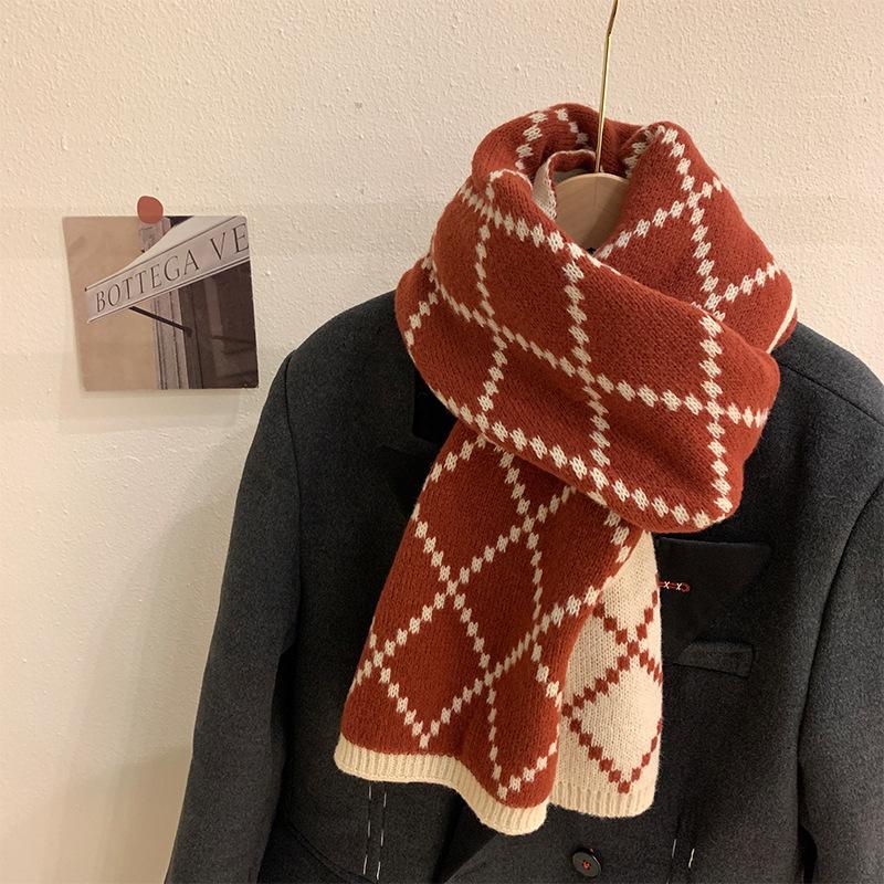 Scarf for Girls New Winter Double Sided Versatile High-end Warm and Thickened Wool Knitted Plaid Scarf Trendy