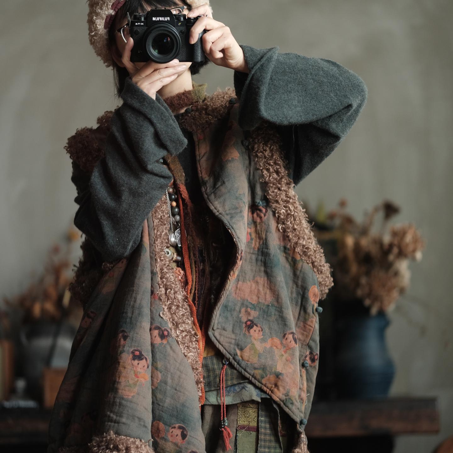 

Johnature Women Vintage Winter Coats Print Floral O-Neck Chinese Style Patchwork Loose Warm For Female Coats One Size різнокольоровий