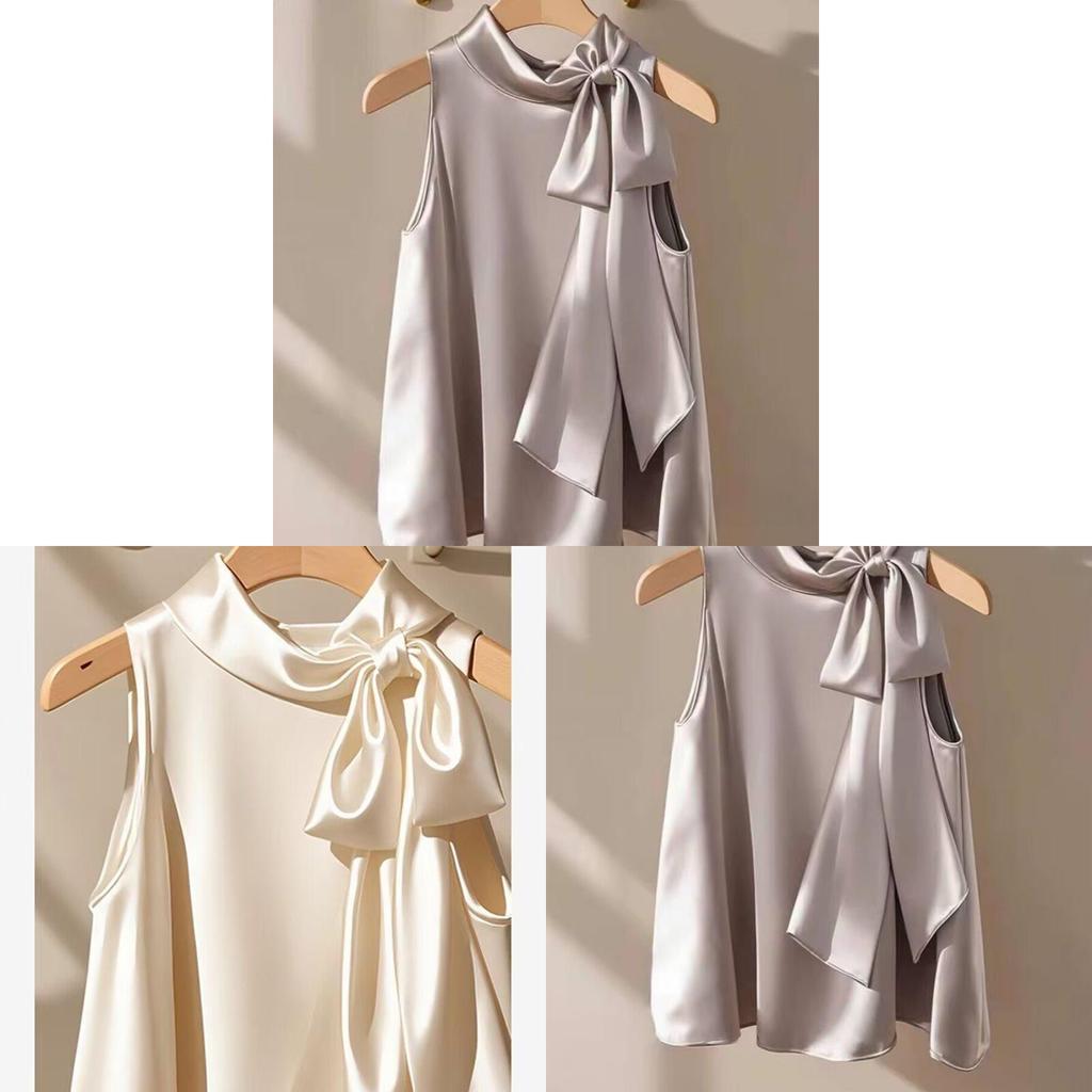 Französische Champagnerfarbene ärmellose Satinbluse mit Schleife für den sommerlichen Freizeitlook