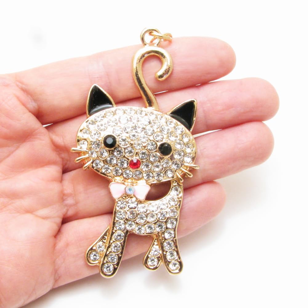 Large Cat Keychain Bag Charm with Rhinestones and Ribbon for Women CHS10142
