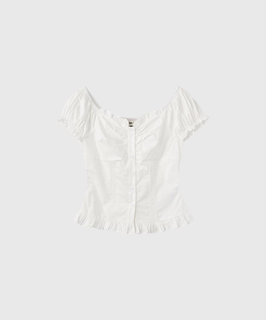 GENERALIDEA Cap Sleeve Heart Neck Shirred Blouse [White] / Wbe2L03530