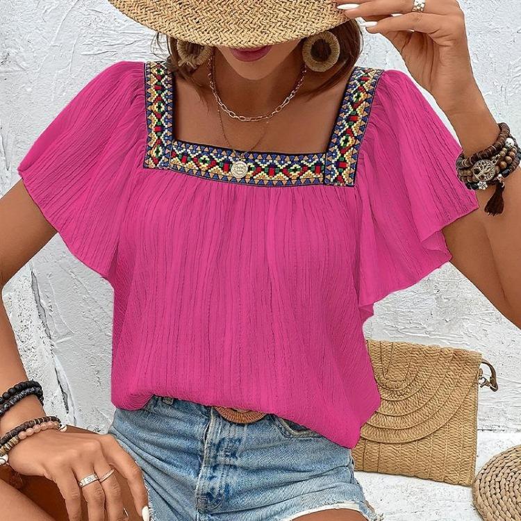Summer Women Blouse Lace Embroidered Square Neck Backless Pullover Shirt Short Sleeve Lotus Leaf Holiday Spring S-XL