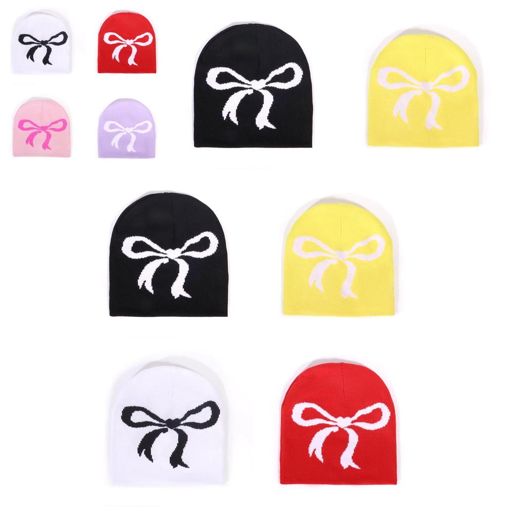 Acrylic Knitted Hat With Bow Detail For Autumn Casual And Outdoor Use