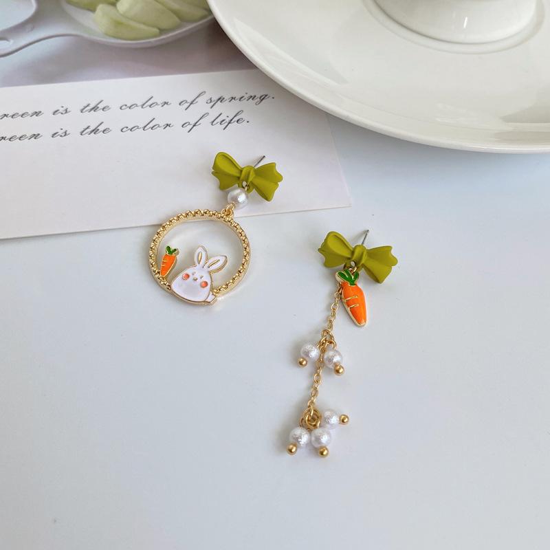 S925 Sterling Silver Rabbit  Carrot Pearl Tassel Bow Asymmetrical Earrings