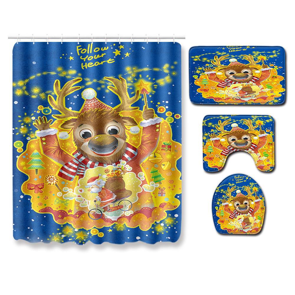 Christmas Shower Curtain Floor Mat Combination Four-Piece Set Bathroom Toilet Carpet Shower Room Mat Foot Mat