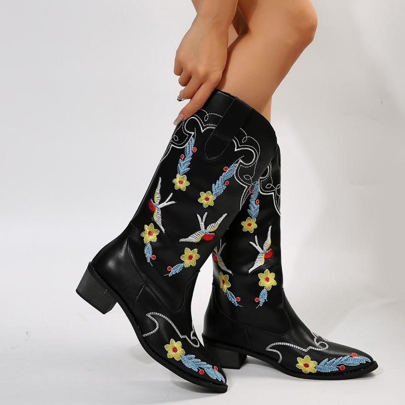 Women's Tall Riding Boots Autumn and Winter New Mid-Heel Martin Boots Women's Pointed Embroidered Boots