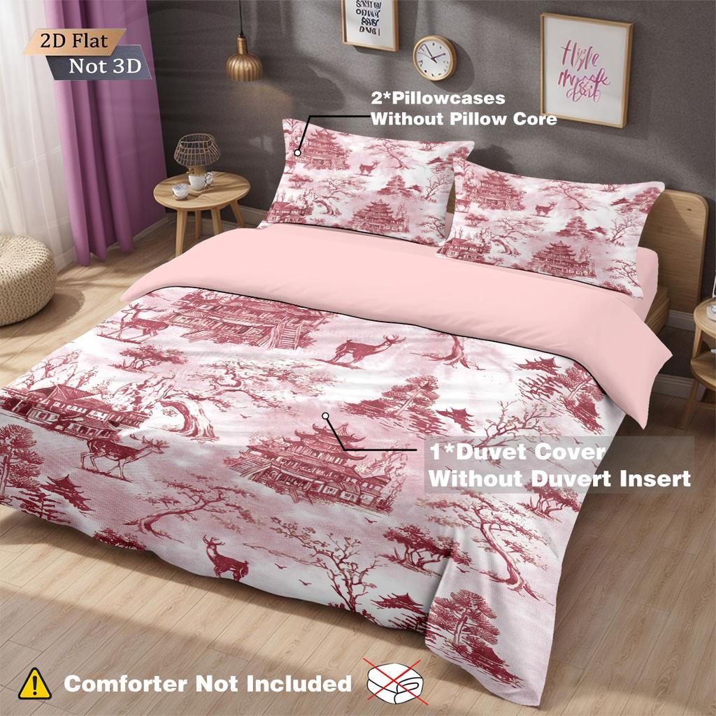 3pcs Pink Antique Architectural Print Coreless Bedding Comfortable Multi Size Bedroom Dormitory Duvet Covers, Machine Washable