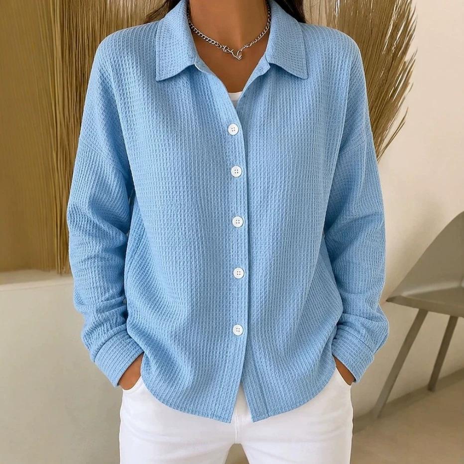 Women Solid Waffle Knit Button‑Up Shirt Jacket, Turn‑Down Collar Long‑Sleeve Loose Casual Fashion Open Front Cardigan Blouse