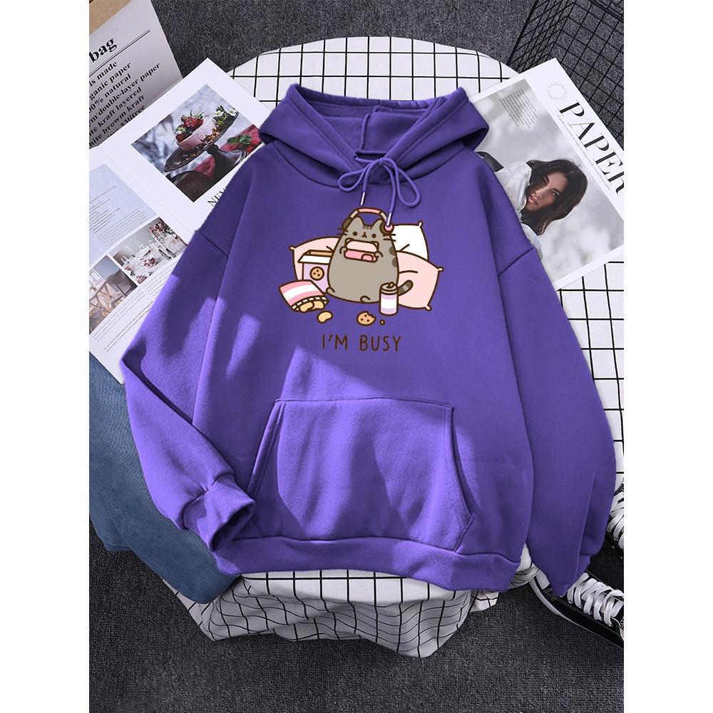 Sorry I'M Busy Cat Playing Games With Headphones Women Hoody Simple Pocket Pullovers Outdoor Soft Sweat Street Casual Female Top