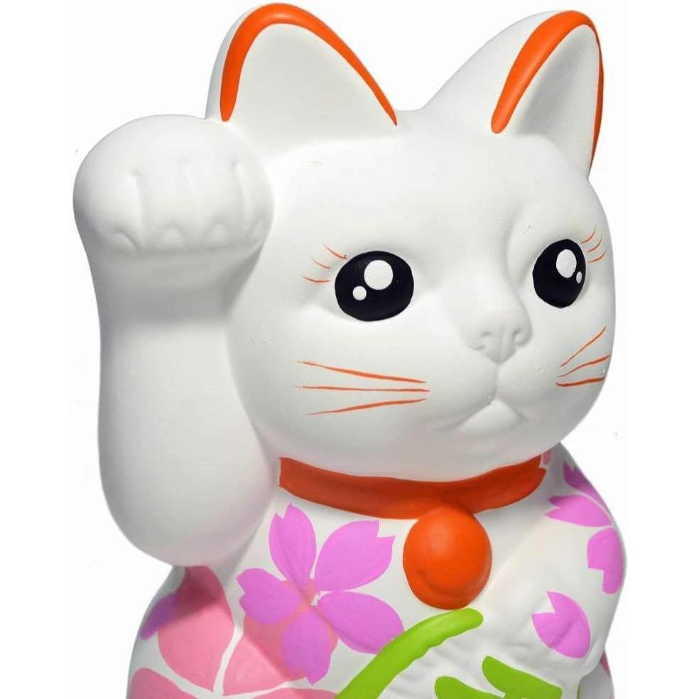 Seto Ware Maneki Neko 15.5cm Tall Sakura Painted Right Hand (White)