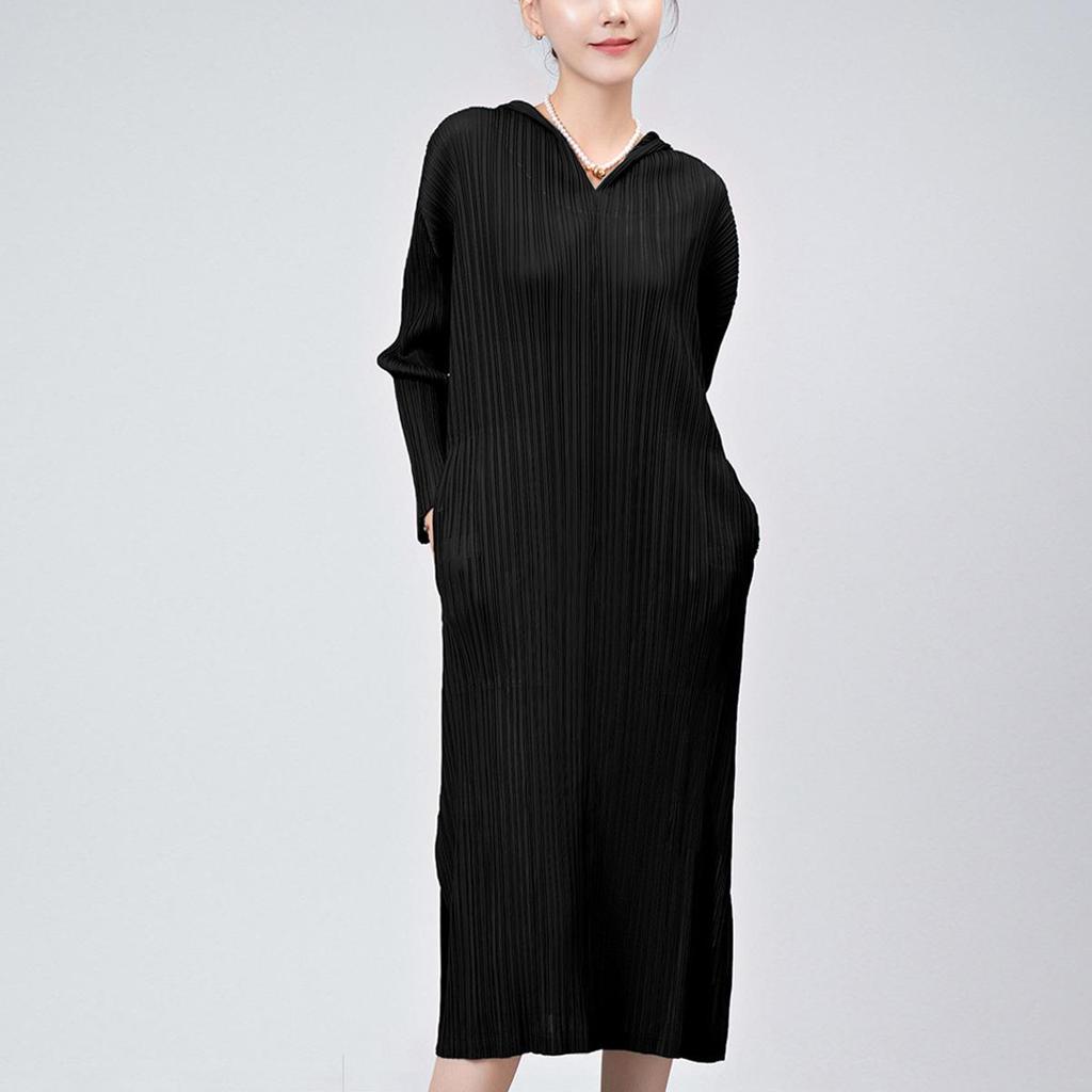 Women's Summer Casual Pleated Skirt Dress with Hood, Long Sleeves, Loose Fit, Plus Size, and High-End Slit Mid-Length Design.