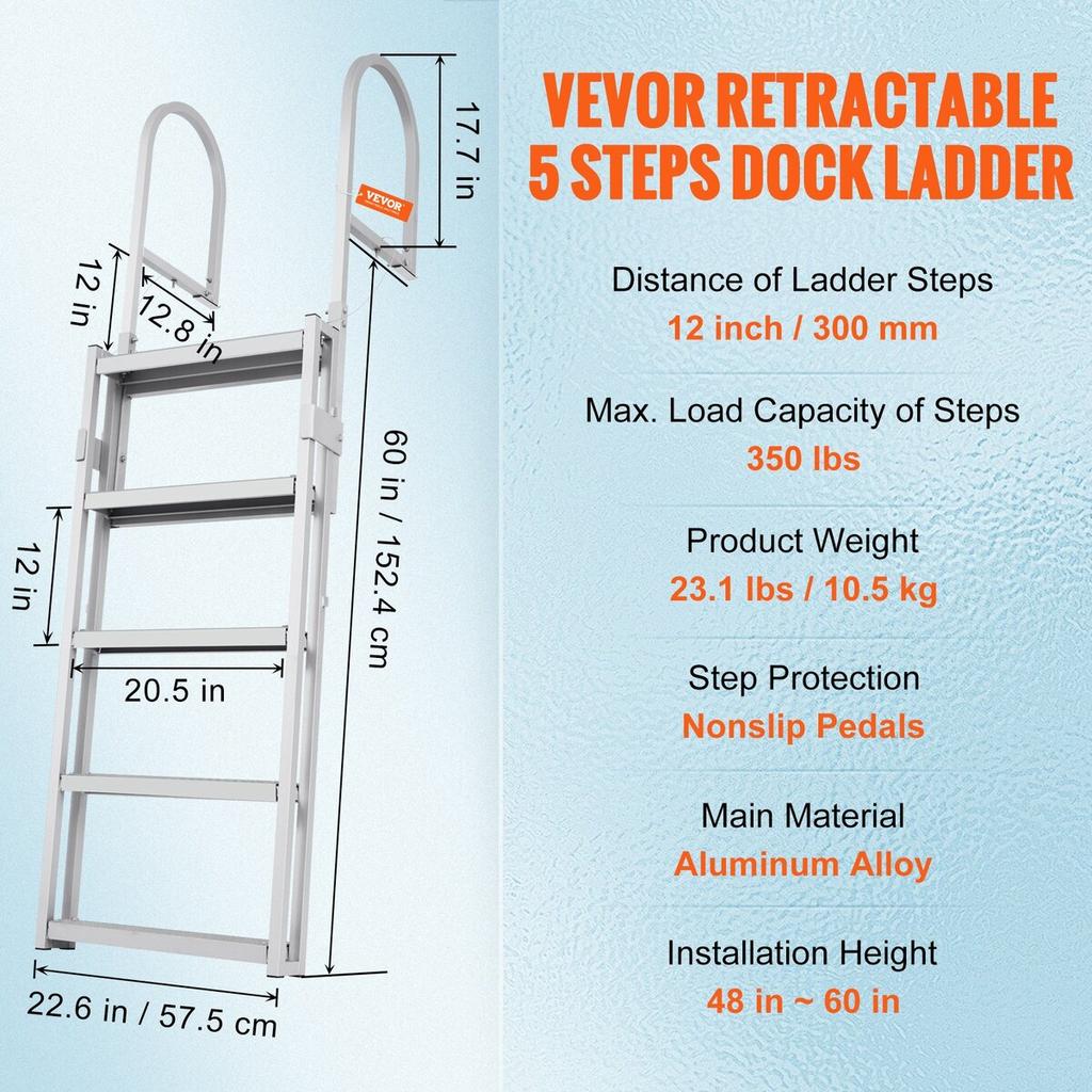 Aluminum Dock Ladder Boat Dock Ladder 66.9-78.9in Height Adjustable 5 Step