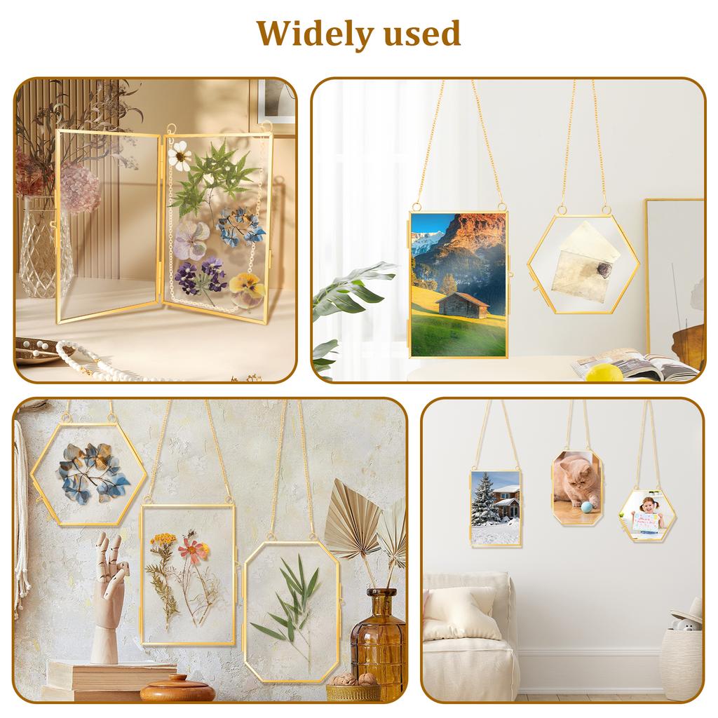 3 Stück geprägte Blumenrahmen mit Pinzette hängender Glasrahmen mit Metallkette goldener doppelstöckiger Glasrahmen elegant hängend