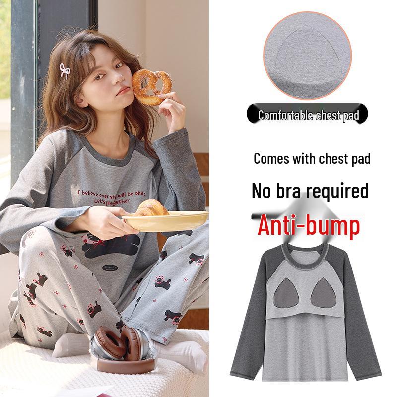 Piżama damska z długim rękawem i nadrukiem w kreskówkowe wzory, z wkładką na klatkę piersiową – uroczy komplet z okrągłym dekoltem do noszenia w domu lub na okrycia wierzchnie wiosną, jesienią i zimą