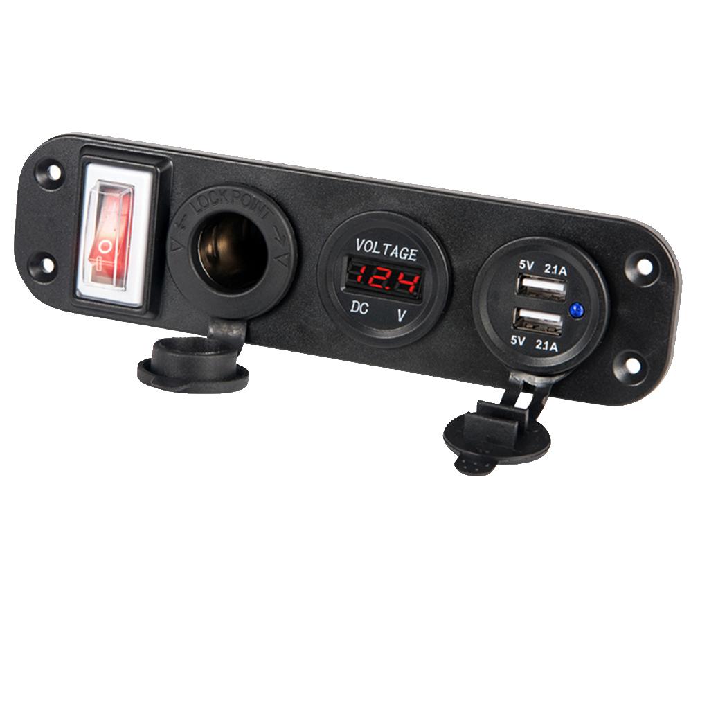 Car USB Socket Panel with Dual USB Charger Voltmeter and Power Outlet Waterproof for Vehicle Marine RV Digital Devices