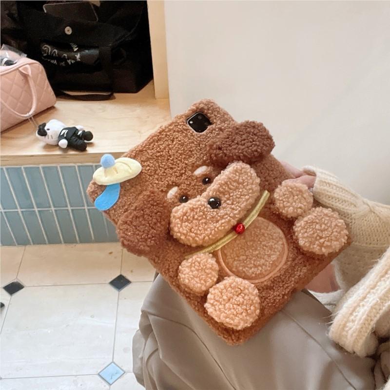 Cute Plush Teddy Dog Case for iPad A16 2025 11/12th A19 2026 Mini 6 7 8.3in iPad 7 8 9 10th 10.2in 10th 10.9in 10.5 Pro 11 Air 11 12.9 13 Tablet Case