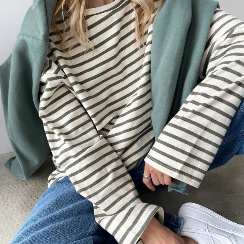 Dámská nadměrná trička s dlouhým rukávem Jaro Podzim Základní pruhované tričko s kulatým výstřihem Mikiny Ležérní volný střih Bavlna Cvičební pulovry Topy pro ženy
