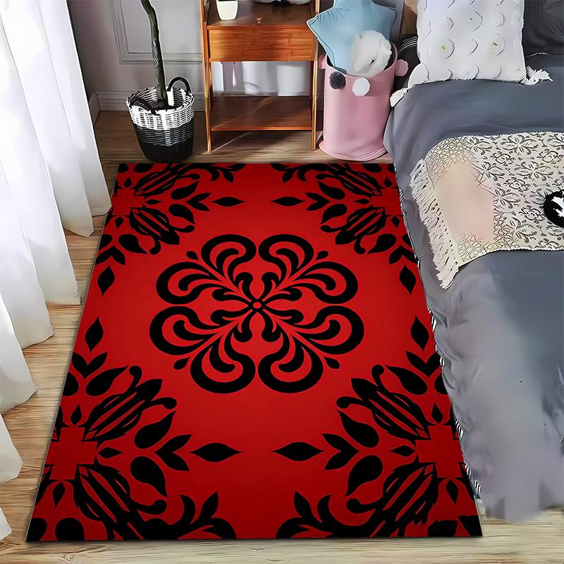 Red and Black Floral Pattern Carpet, Modern Decorative Room Rug Suitable for use as an anti-slip for living room bedroom sofas