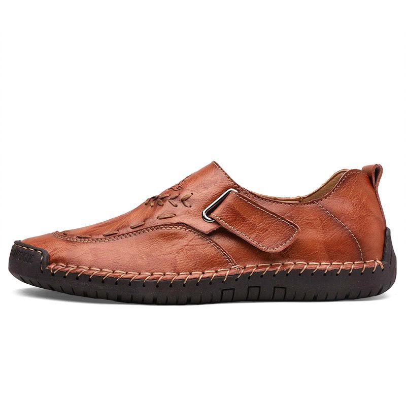 Men's Slip-On Comfortable Flat Bottom Leather Shoes Male Breathable Outdoor Casual Slip-Over Cowhide Walking Shoes Large Size