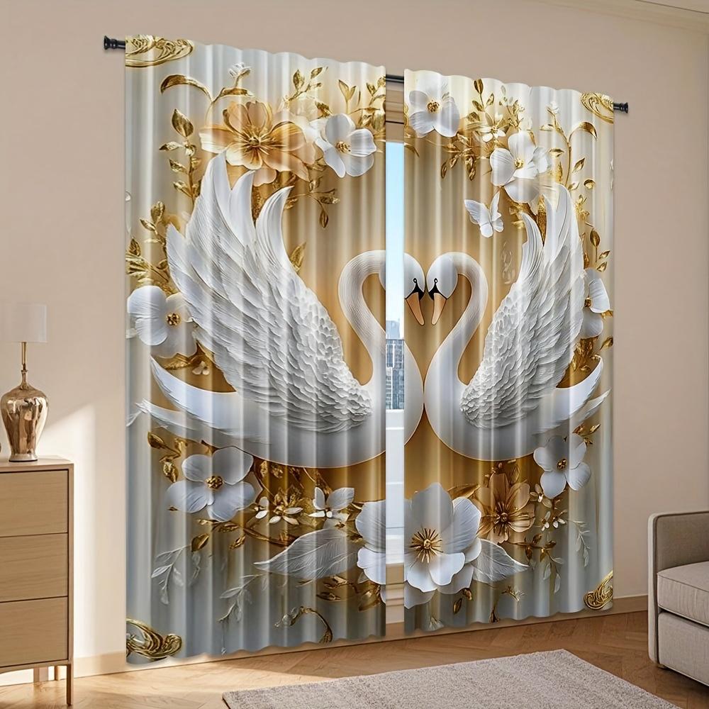 Artistic Elegant Swan Floral Print Curtains White Gold Polyester Living Room Bedroom Study Home Decor Set Of 2 Made