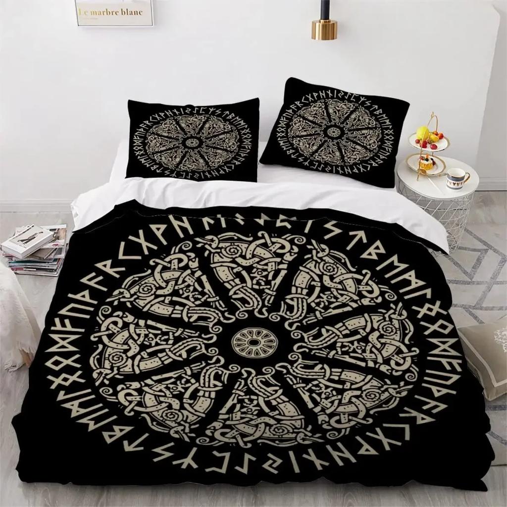 Viking Duvet Cover Set Nordic Viking Runes Print Bedding Set For Boys Teen Men King Size 2/3Pcs Soft Polyester Comforter Cover