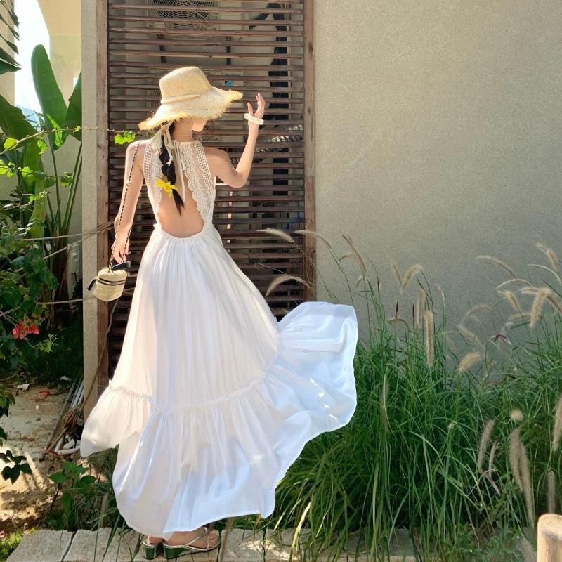 French V-neck White Moonlight Lace Splicing Island Photo Beautiful Summer Seaside Vacation Wind Suspender Dress Women