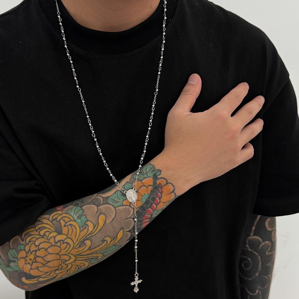 Salircon Hip Hop Punk 3 Styles Stainless Steel Beaded Chain Jesus Cross Pendant Necklace Men Christian Christ Long Chain Jewelry