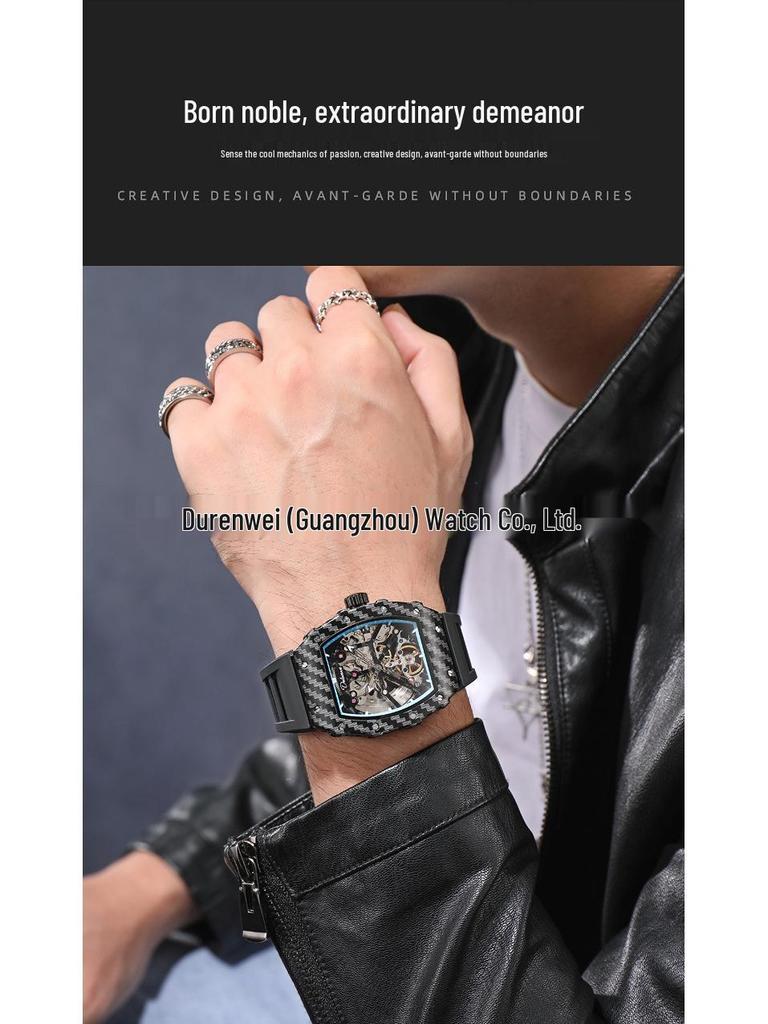 Durham Weida Men's Tonneau Skeleton Tourbillon Automatic Watch with Rubber Strap.