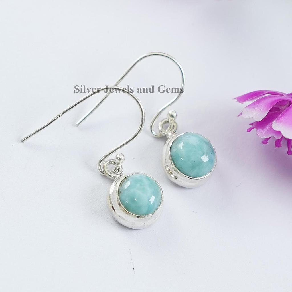Handmade Round Larimar Earrings, 925 Sterling Silver, March Birthstone