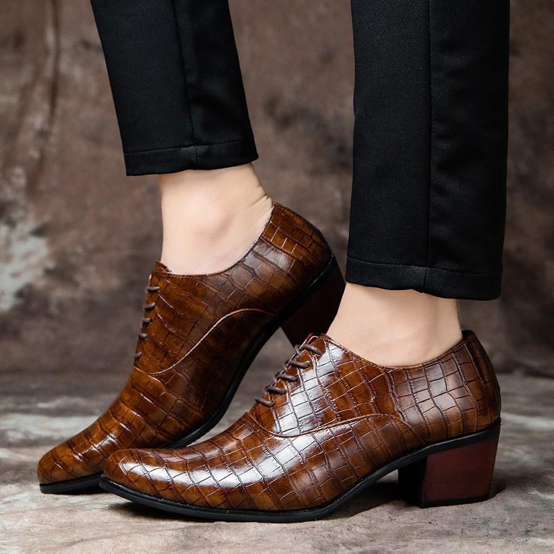 Mens Stylish Chunky Heel Loafers With Stone Texture 5cm Height Increase Casual Dress Shoes Short Stature