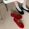 Leather Velvet Niche Pleated Lace Round Head Bow Shallow Mouth Flat Ballet Shoes Women's 2025 Spring Single Shoes