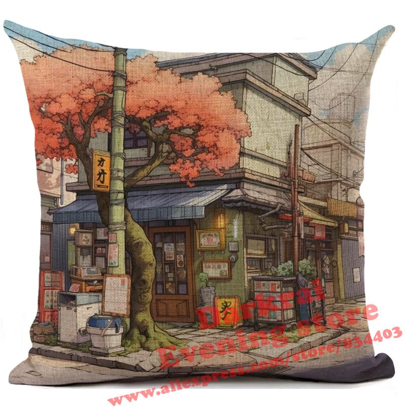 Cartoon Straßenecke Leinen Kissenbezug Japan Architekturstil Heimdekoration Wohnzimmer Sofa Dekokissen Hülle 45x45cm