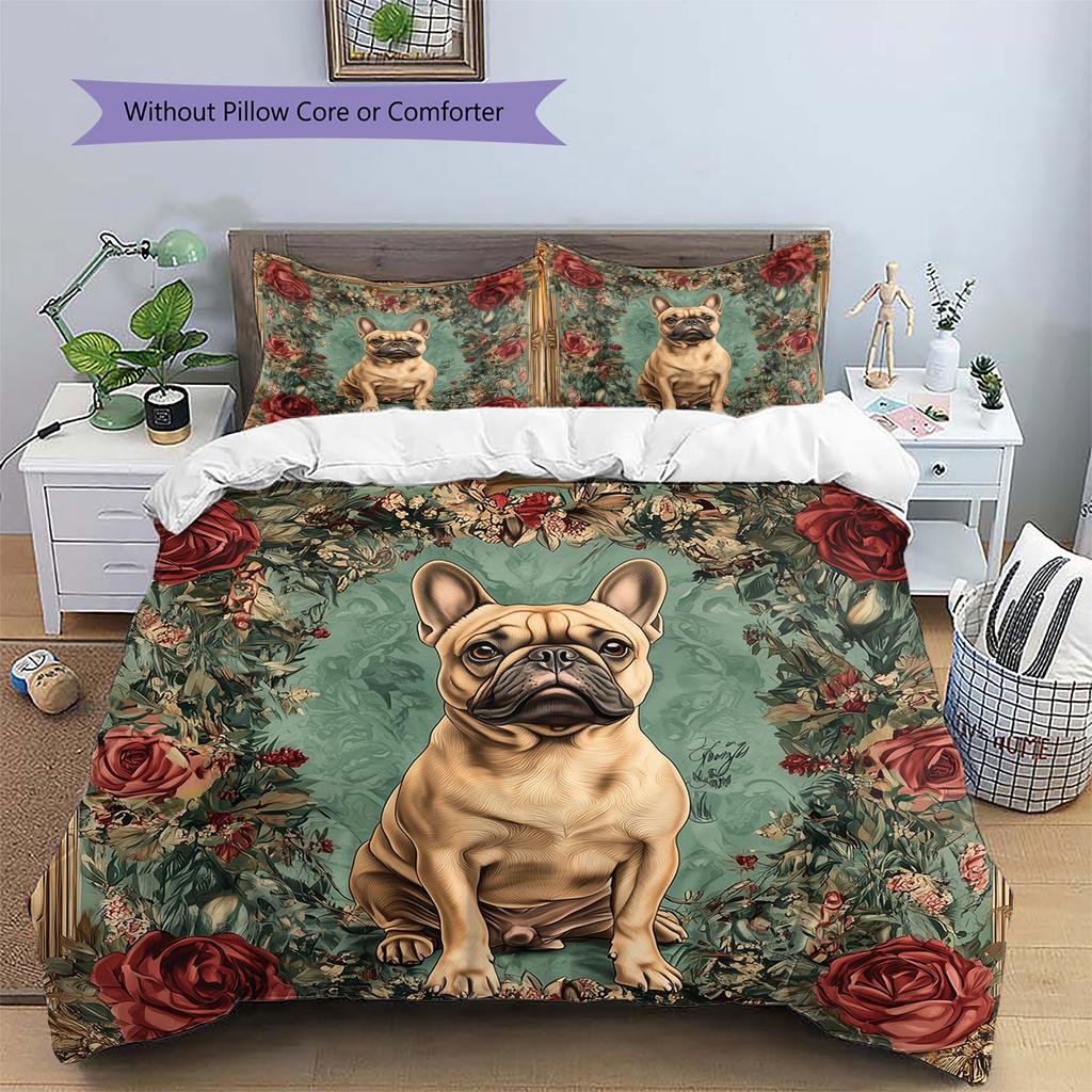 Cats and Dogs with Roses  Pattern Bedding Quilt Set  Home Decoration  Gift (1 * duvet cover + 2 * pillowcase, without core)
