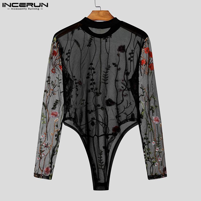 INCERUN Men Long Sleeve Embroidery Floral Mesh See Through Party Clubwear Bodysuits Jumpsuits