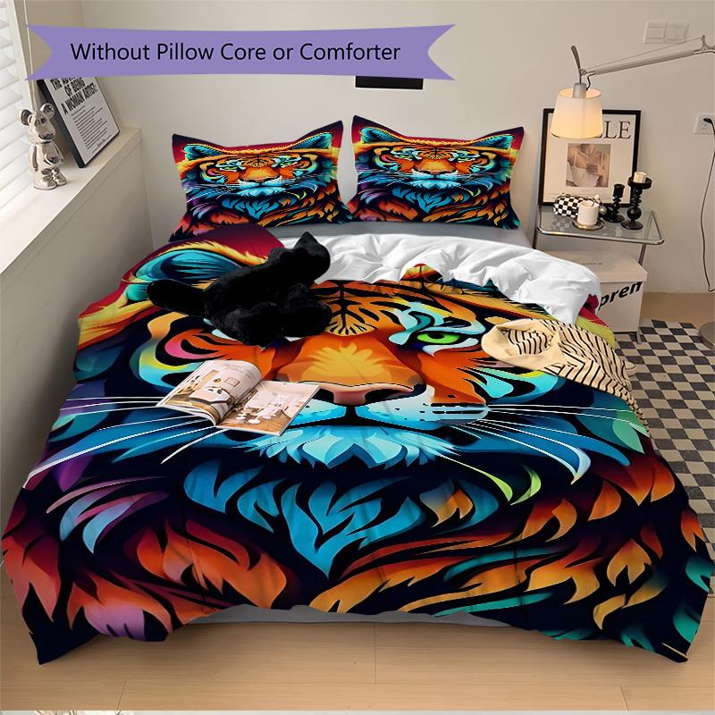 3pcs Tiger Print Bedding Set - 1 Duvet Cover + 2 Pillowcases(Core Not Included), Machine Washable Polyester Yy251216151