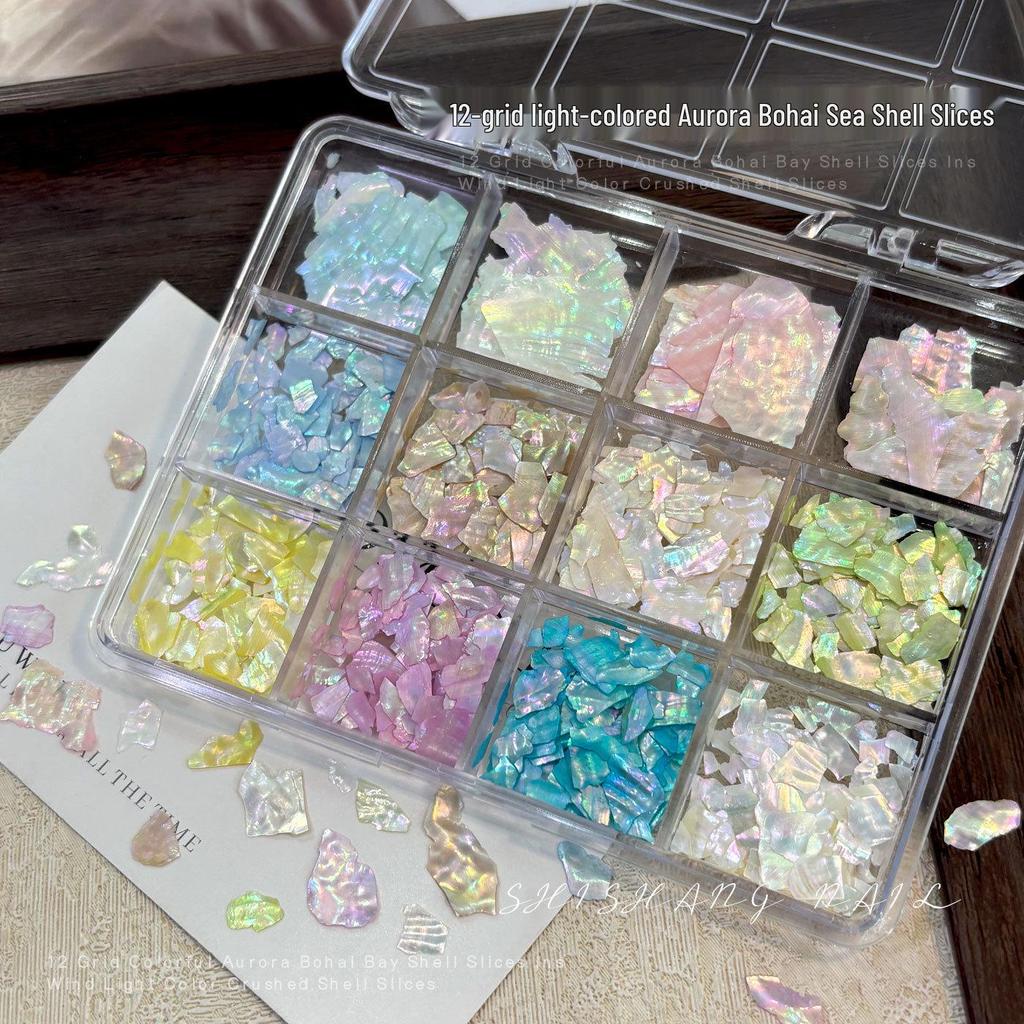 Iridescent Bohai Bay Seashell Nail Art Decorations - 12 Grid Natural Shell Fragments for Summer Nails.