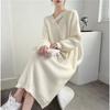 Oversized Knit Midi Dress Women Fall Winter Loose V-Neck Long Sleeve A-Line Sweater Solid Color