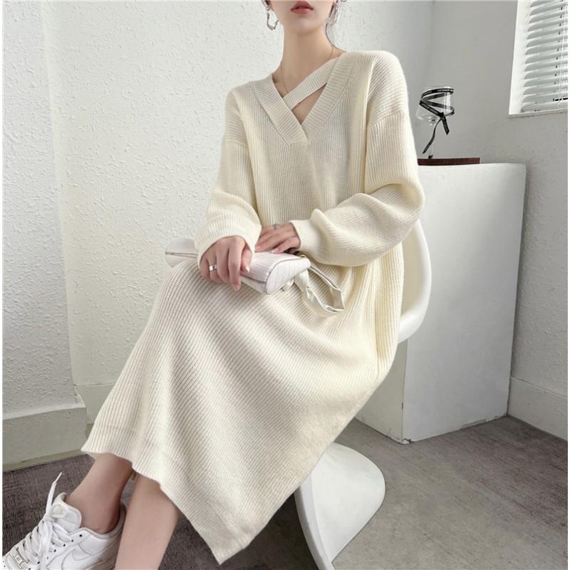Oversized Knit Midi Dress Women Fall Winter Loose V-Neck Long Sleeve A-Line Sweater Solid Color