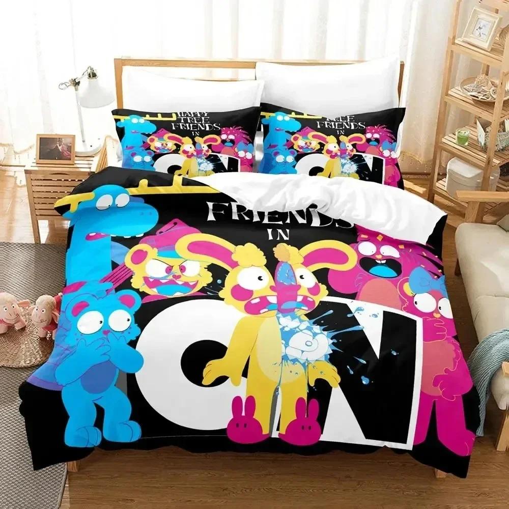 Juego de Ropa de Cama de Dibujos Animados Happy Tree Friends Funda Nórdica Juego de Cama Funda de Colcha Funda de Almohada Edredón tamaño King Queen Niños Ropa de Cama para Adultos