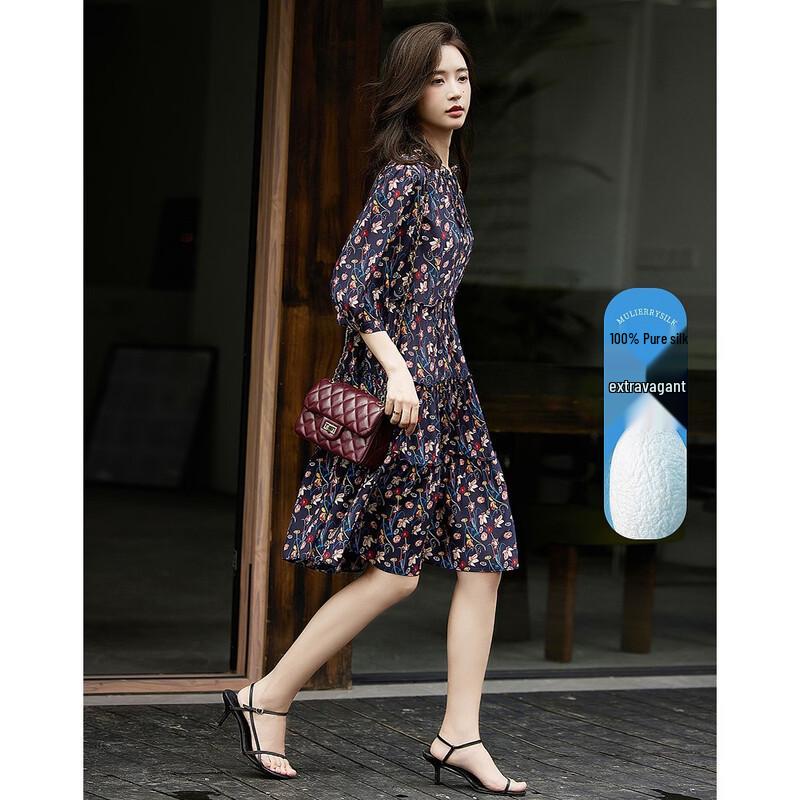 Demana Timeless Bloom 100% Silk Floral Tie-Neck A-Line Dress S